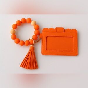 🧡 Orange Beaded Wristlet ID Card Holder | Tassel Keychain Wallet